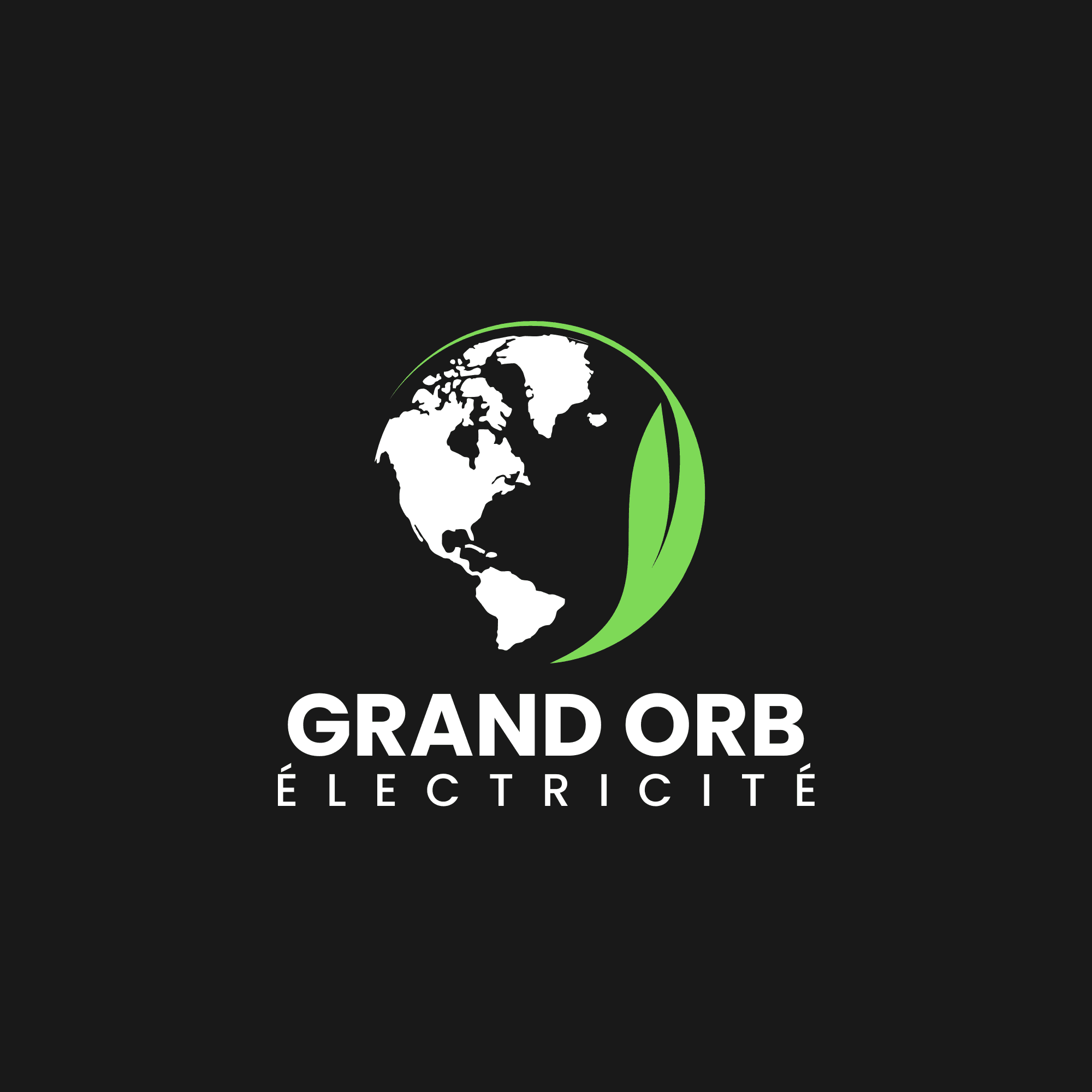 Logo Grand Orb Électricité avec globe terrestre blanc et feuille verte sur fond noir.