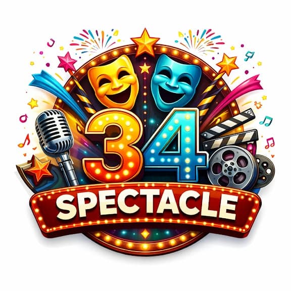 Illustration colorée du 34ème spectacle avec masques de théâtre, micro, clap de cinéma et étoiles.